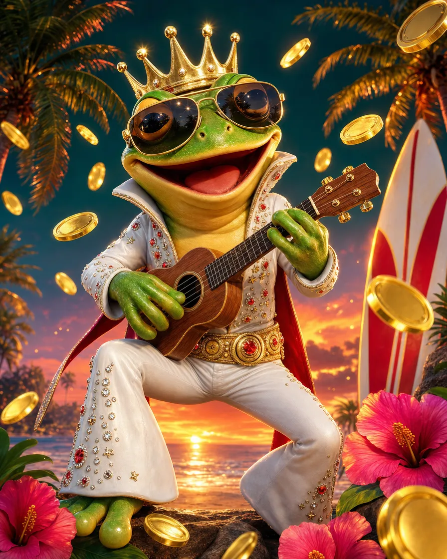 Titelbild des Spiels Aloha King Elvis mit Strand und Ukulele