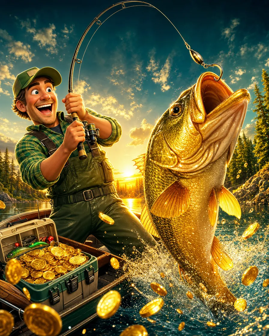 Titelbild des Spiels Big Bass Bonanza mit Angler und goldenem Fisch