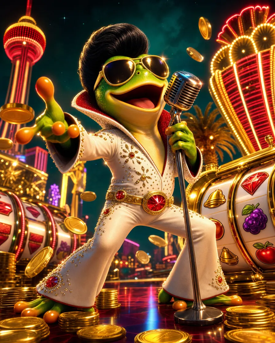 Titelbild des Spiels Elvis Frog in Vegas mit singendem Frosch in Las Vegas