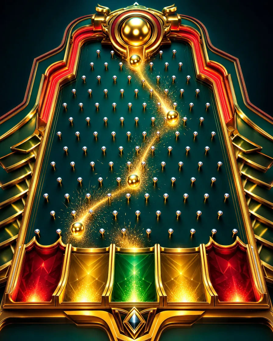 Titelbild des Spiels Plinko mit goldener Kugel zwischen Stiften