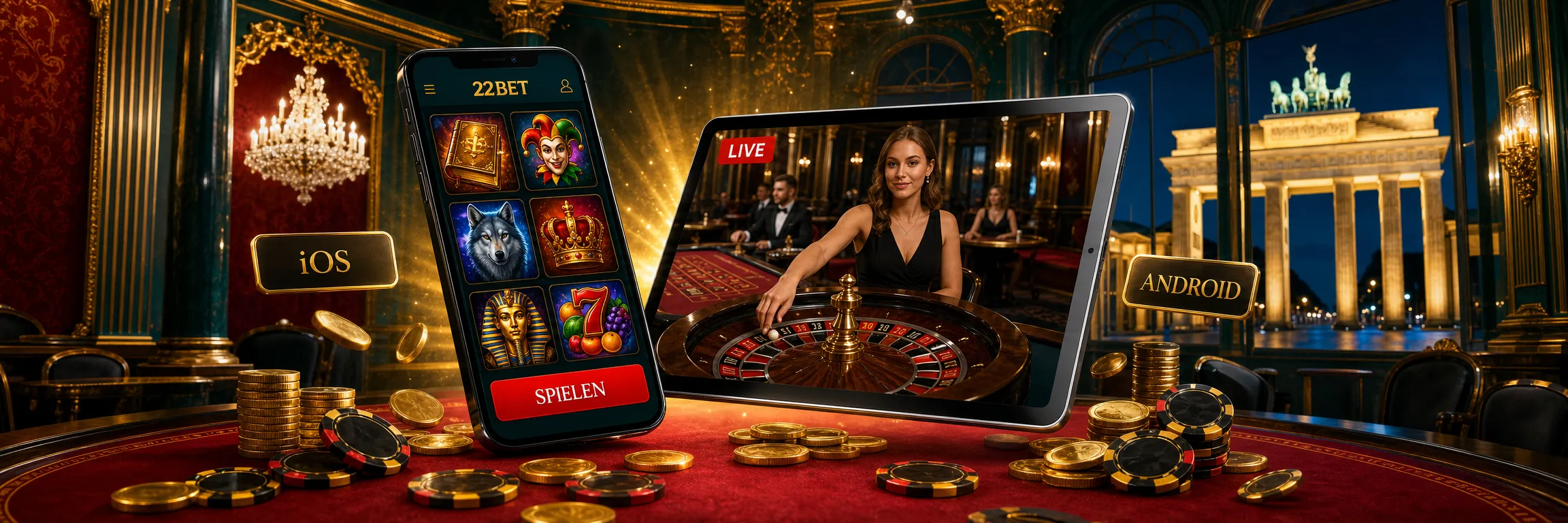 22Bet App auf Smartphone und Tablet mit iOS und Android nebeneinander