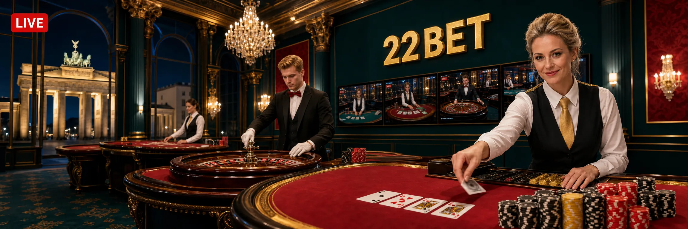 Live-Casino-Studio von 22Bet mit Croupier, Roulettekessel und Kartentisch